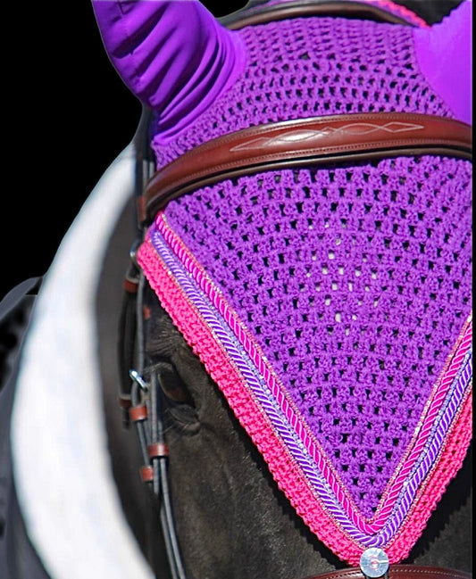 Tiedown Bonnets - Warmblood - Purple Base/fushsia Straight Edge/2 Pink Bling/1 Purple Bling/Purple & Pink Piping