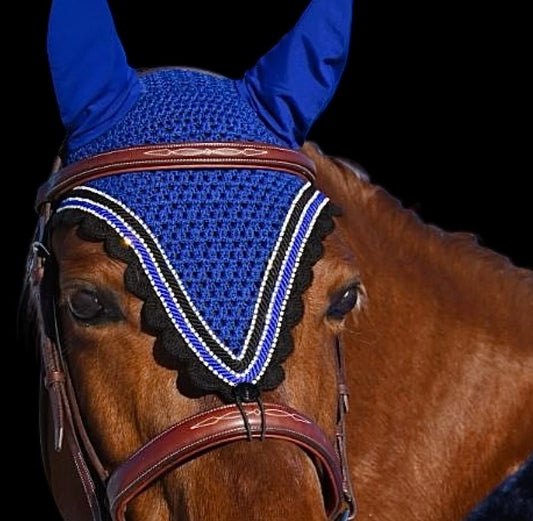 Tiedown Bonnets - Warmblood - Royal Blue Base/Black Scallops/3 Clear Bling/Black and Royal Blue Piping
