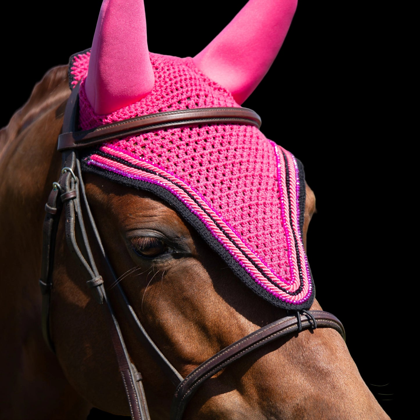 Soundproof - Tiedown Bonnets - Dark Pink Base/Black Straight Edge/2 Dark Pink Crystal/1 Black Crystal/2 Dark Pink Piping
