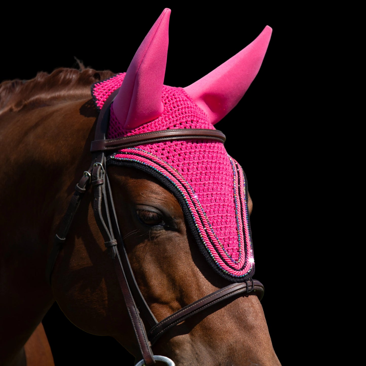 Soundproof - Tiedown Bonnets - Dark Pink Base/Black Straight Edge/2 Rainbow Crystal/1 Black Crystal/2 Dark Pink Piping