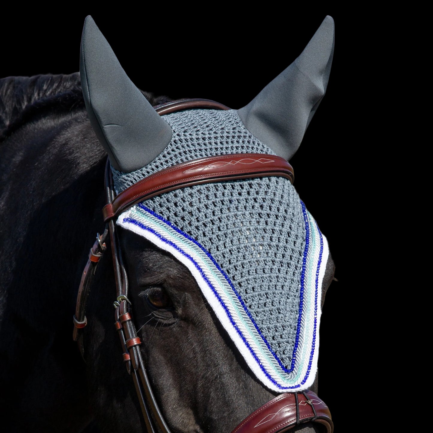 Soundproof - Tiedown Bonnets - Grey Base/White Straight Edge/2 Royal Blue & 1 Teal Crystals/1 Grey & 1 White Piping
