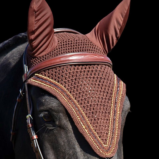 Tiedown Bonnets - Warmblood - Brown Base/2 Gold Bling/1 Copper Crystal/2 Piping