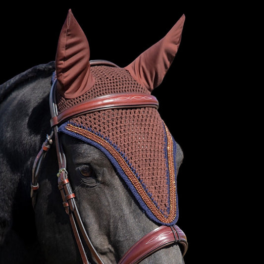 Tiedown Bonnets - Warmblood - Brown Base/Navy Blue Straight Edge/2 Copper Crystals/1 Piping
