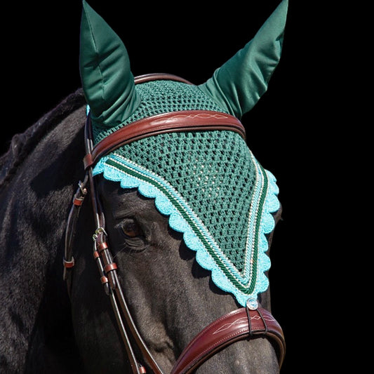 Tiedown Bonnets - Warmblood - Hunter Green Base/Sky Blue Scallops/3 Clear Bling/2 Piping