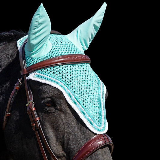 Tiedown Bonnets - Warmblood -Aquamarine Base/White straight Edge/2 Aquamarine Crystals/1 White Pearl/2 Piping