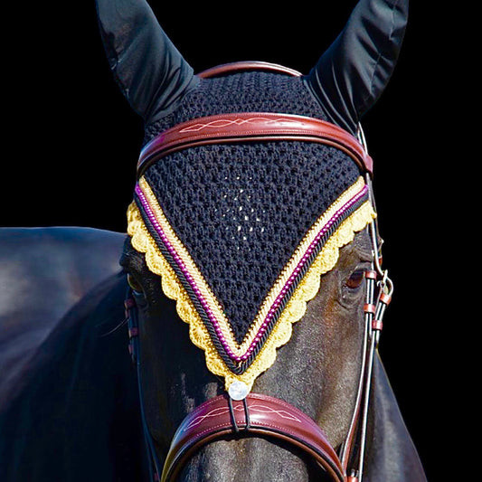 Tiedown Bonnets - Warmblood - Black Base/Gold Scallops/Plum Pearls/2 Gold Bling/2 Piping