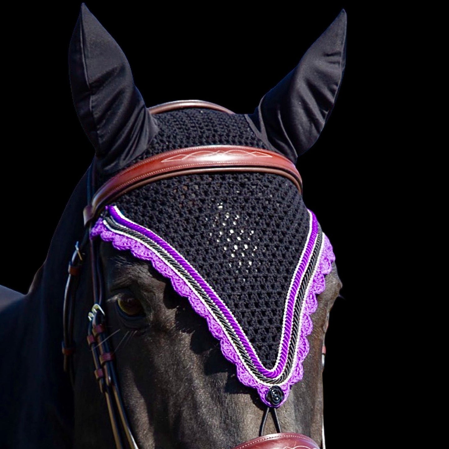 Tiedown Bonnets - Warmblood - Black Base/Purple Scallops/3 Clear Bling/2 Piping
