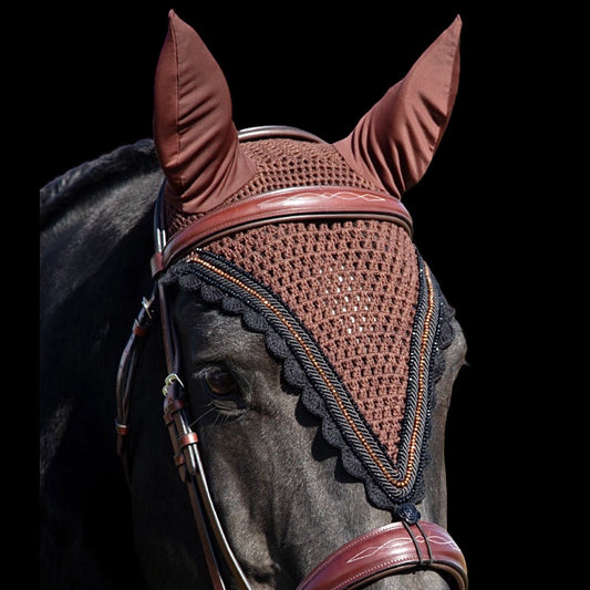 Tiedown Bonnets - Warmblood - Brown Base/Black Scallops/2 Black Crystals/1 Copper Crystal/2 Piping