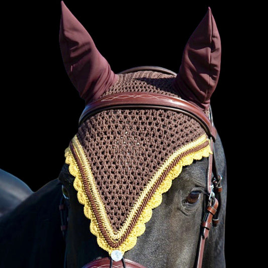Tiedown Bonnets - Warmblood - Brown Base/Gold Scallops/3 Gold Bling/2  Piping