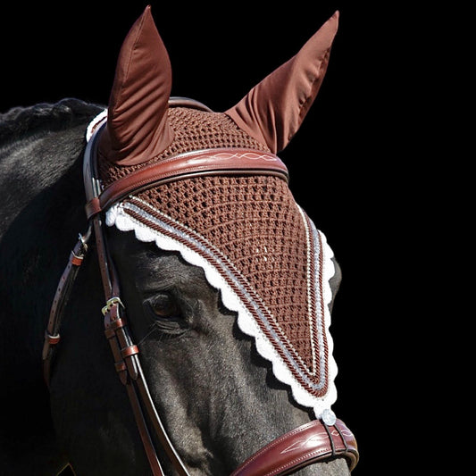 Tiedown Bonnets - Warmblood - Brown Base/White Scallops/1 Clear Crystal/2 Clear Bling/2 Piping