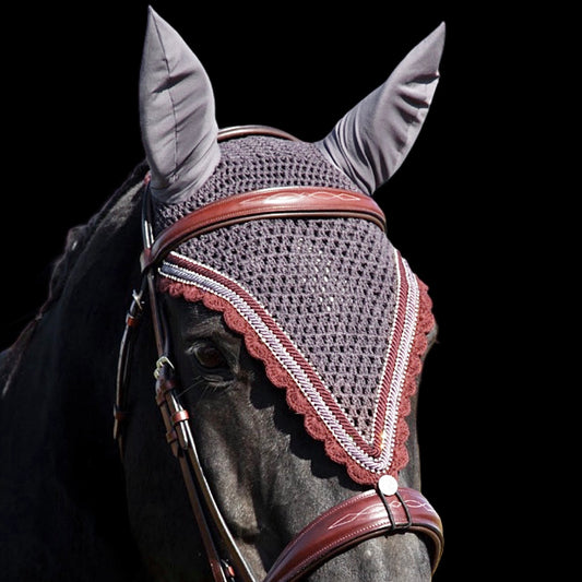 Tiedown Bonnets - Warmblood - Charcoal Base/Burgundy Scallops/3 Clear Bling/2 Piping