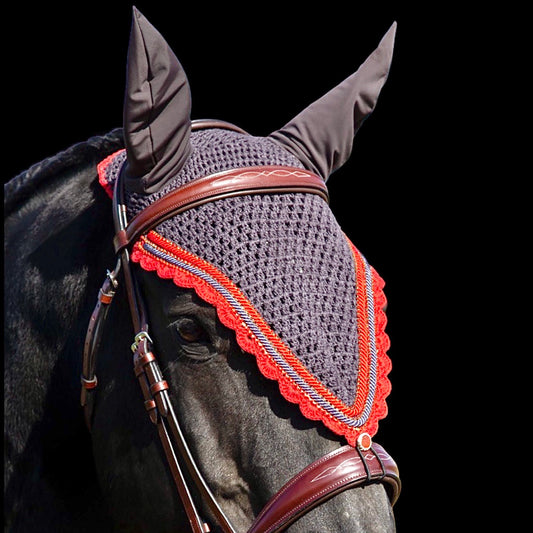 Tiedown Bonnets - Warmblood - Charcoal Base/Red Scallops/3 Red Bling/2 Piping