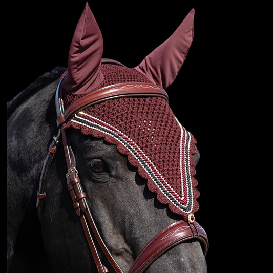 Tiedown Bonnets - Warmblood - Dark Burgundy Base/Dark Burgundy Scallops/3 Clear Bling/2 Piping