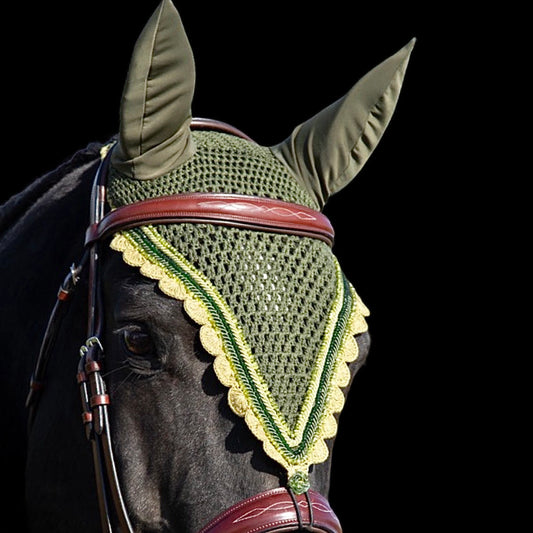 Tiedown Bonnets - Warmblood - Dark Olive Base/Light Olive Scallops/2 Light Olive Crystals/1 Dark Green Crystal/2 Piping