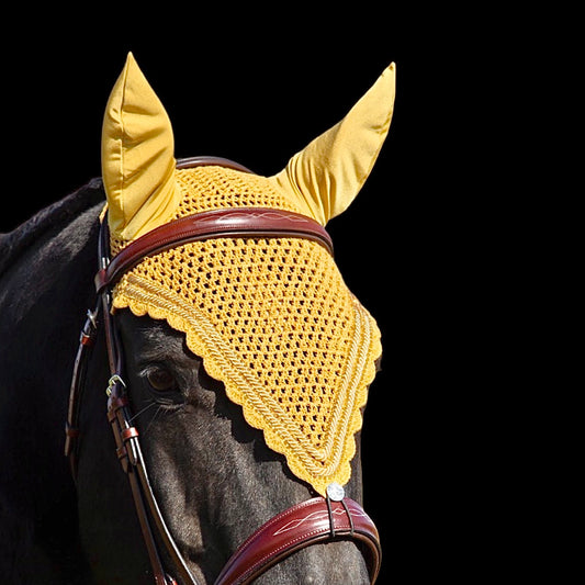 Tiedown Bonnets - Warmblood - Gold Base/Gold Scallops/3 Gold Bling/2 Piping