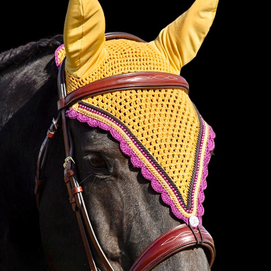 Tiedown Bonnets - Warmblood - Gold Base/Plum Scallops/1 Plum Pearls/ 2 Gold Bling/2 Piping