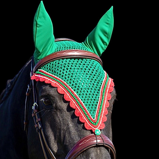Tiedown Bonnets - Warmblood - Kelly Green Base/Red Scallops/1 Green Pearl/2 Clear Bling/ 2 Piping