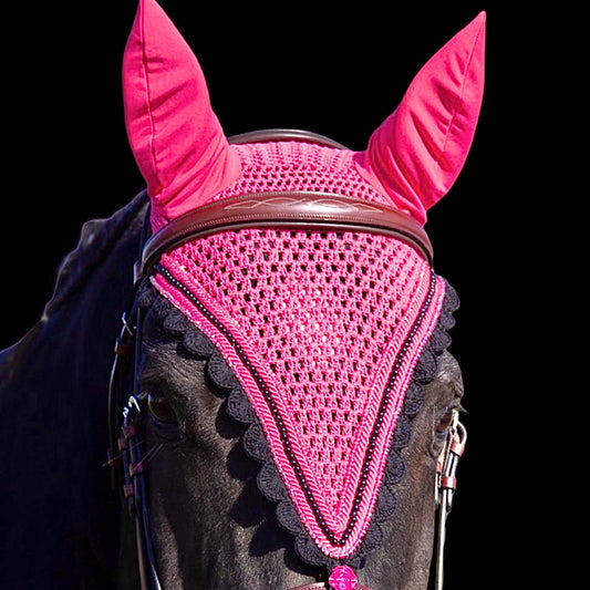Tiedown Bonnets - Warmblood - Pink Base/Black Scallops/2 Pink Crystal/1 Black Pearl/2 Piping