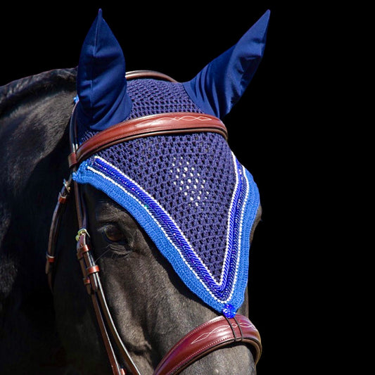 Tiedown Bonnets - Warmblood - Navy Blue Base/Royal Blue Straight Edge/1 Blue Crystal/2 Clear Bling/2 Piping