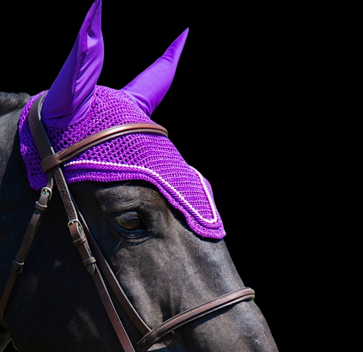 Classic Cut Bonnets - Warmblood - Purple Base/Purple Straight Edge/1 Row Lilac Pearls/ Purple Piping