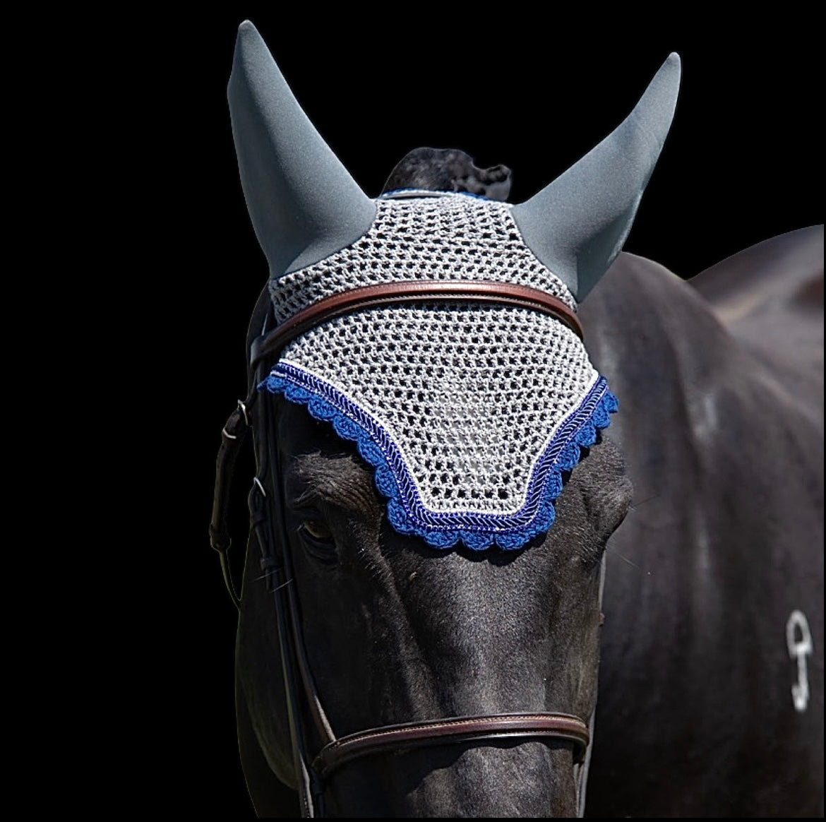 Soundproof - Classic Cut Bonnets - Warmblood - Grey Base/Navy Scallops/Blue and White Bling/ Navy Piping