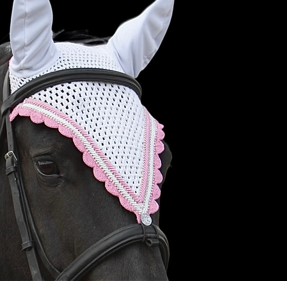 Tiedown Bonnets - Cob - White Base/Light Pink Scallops/2 Clear Bling/1 White Crystal/2 Light Pink Piping