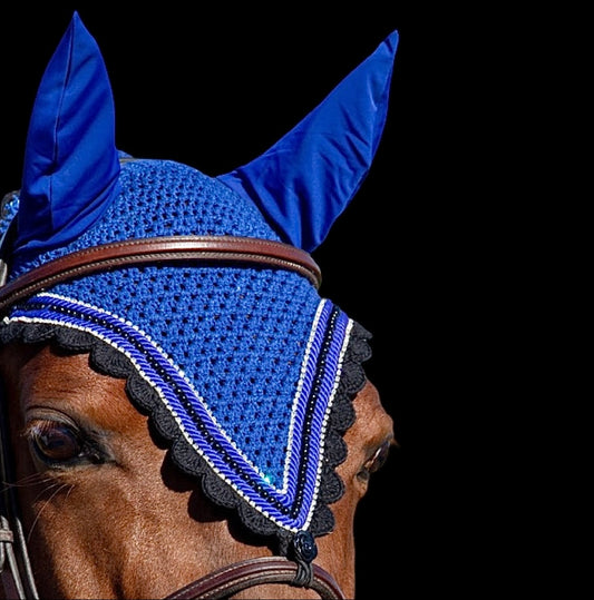 Tiedown Bonnets - Cob - Royal Blue Base/Black Scallops/2 Clear Bling/Black Pearls/2 Piping