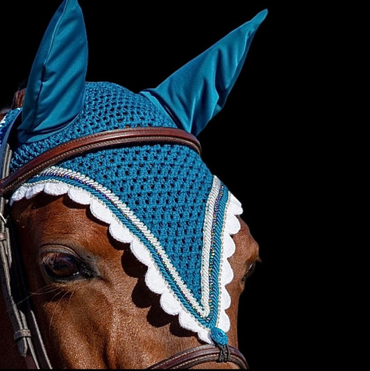 Tiedown Bonnets - Cob - Midnight Teal Base/White Scallops/2 Clear Bling/Peacock Opal Crystal/2 Piping