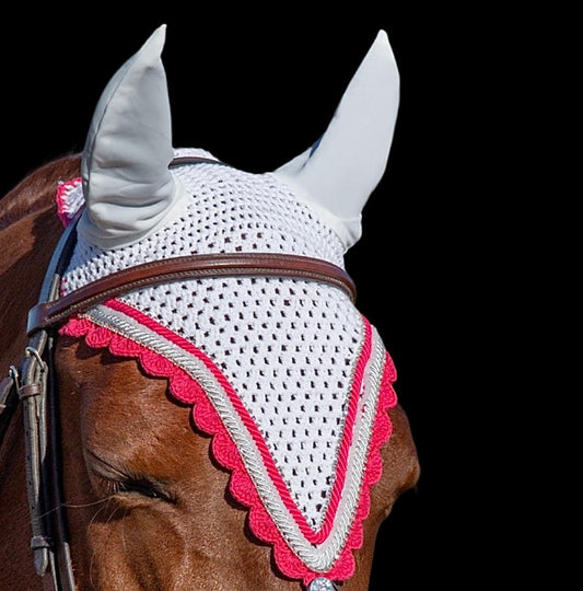 Tiedown Bonnets - Cob - White Base/Hot Pink Scallops/2 Clear Bling/2 Piping/ White Crystal