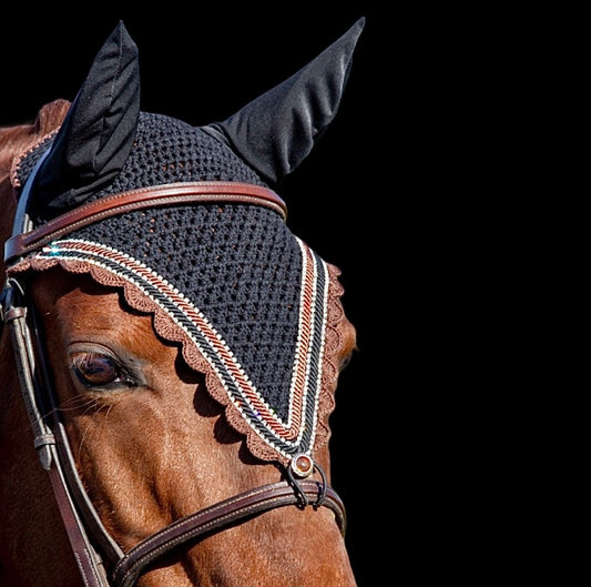 Tiedown Bonnets - Cob - Black Base/Brown Scalloped Edge/3 Clear Bling/2 Piping