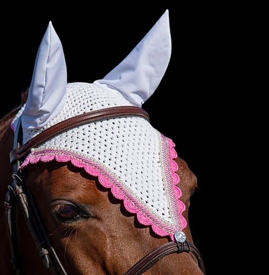 Tiedown Bonnets - Cob - White Base/Pink Scalloped Edge/White Pearls/1 Clear Bling/Piping