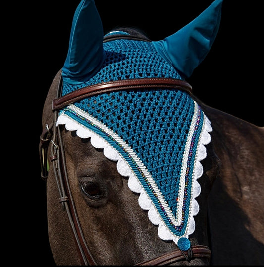 Tiedown Bonnets - Full - Midnight Teal Base/White Scalloped Edge/2 Clear Bling/1 multi-colour Crystal/2 Piping