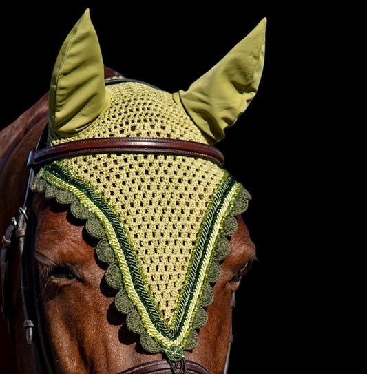 Tiedown Bonnets - Cob - Light Olive Base/Dark Olive Scalloped Edge/2 Light Olive Crystal/1 Dark Olive Crystal/ 2 Piping