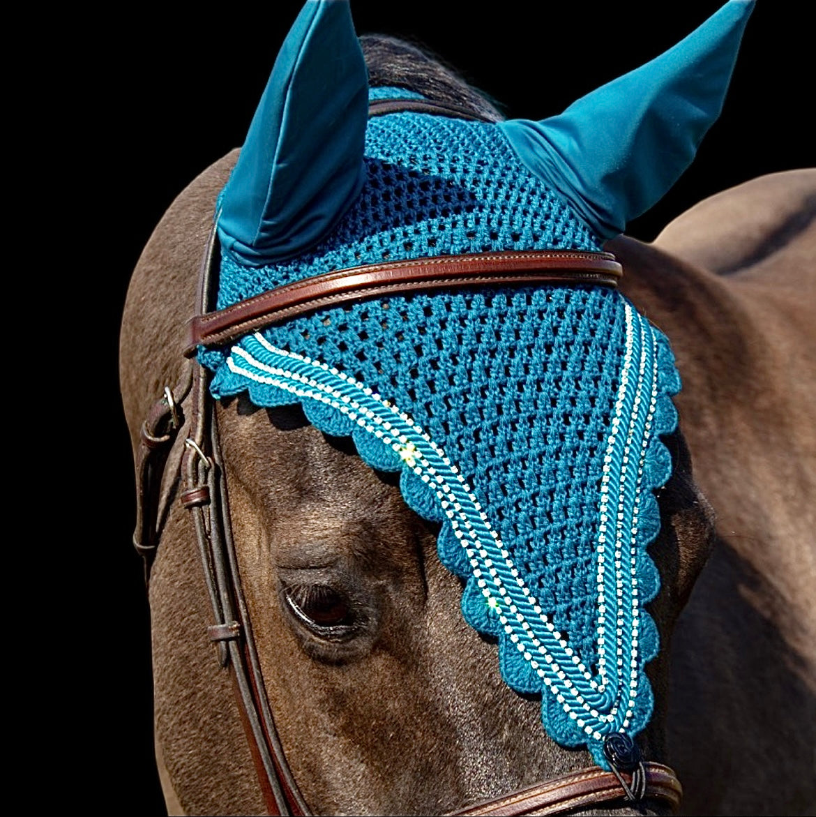 Tiedown Bonnets - Midnight Teal Base/Scalloped Edge/With Bling