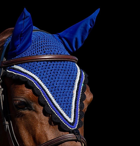 Tiedown Bonnets - Cob - Royal Blue Base/Black Scallops/2 clear Bling/Black Pearls/2 Piping