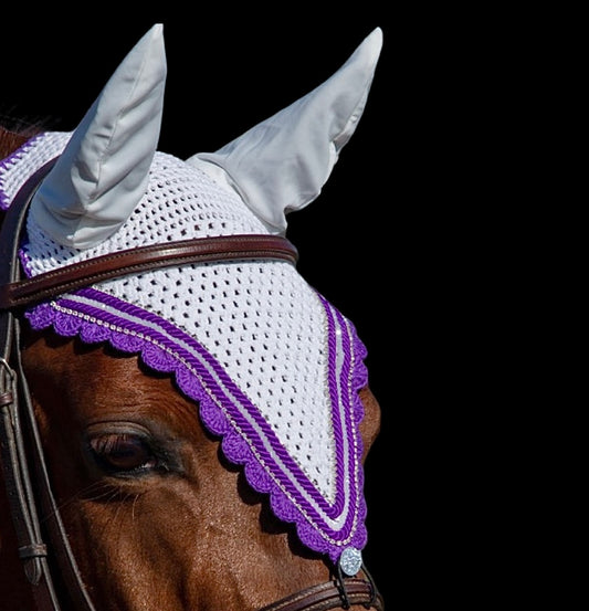 Tiedown Bonnets - Cob - White Base/Purple Scallops/2 Clear Bling/1 White Crystal/2 Piping