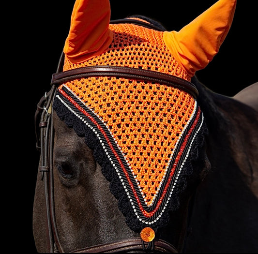 Tiedown Bonnets - Full - Orange Base/Black Scallops/3 Clear Bling/Orange and Black Piping