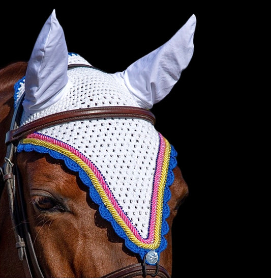 Tiedown Bonnets - Cob - White Base/Royal Blue Scallops/Pink, Yellow, Blue Bling/Yellow and Pink Piping