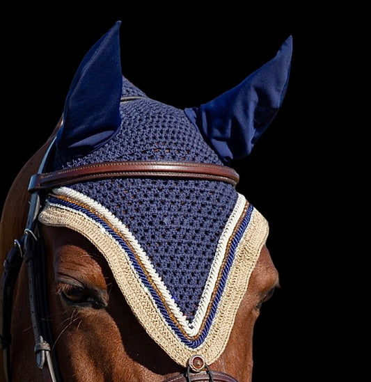 Tiedown Bonnets - Cob - Navy Base/Beige Straight Edge/2 Clear Bling/Amber Crystals/2 Row Piping