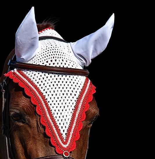 Tiedown Bonnets - Cob - White Base/Red Scallops/White Pearls/2 Red Bling/2 Piping
