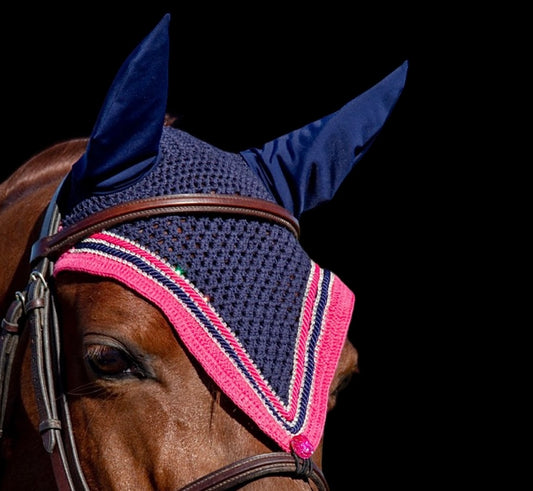 Tiedown Bonnets - Cob - Navy Base/Pink Straight Edge/3 Clear Bling//2 Piping
