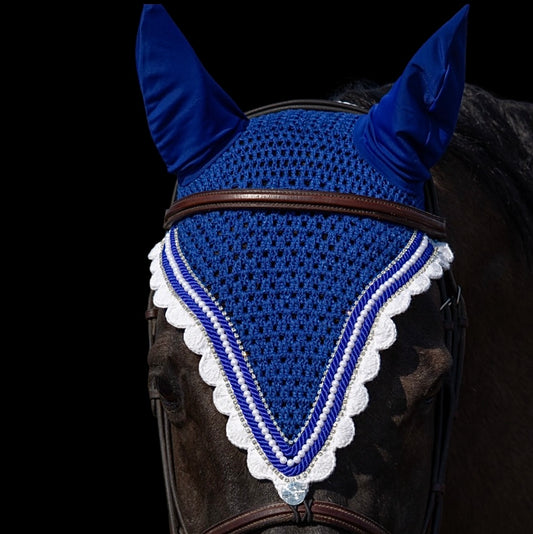 Tiedown Bonnets - Full - Royal Blue Base/White Scallops/1 White Pearl/2 Clear Bling/2 Piping