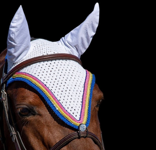 Tiedown Bonnets - Cob - White Base/Royal Blue Straight Edge/1 Blue, Pink, Yellow Bling/Pink and Yellow Piping