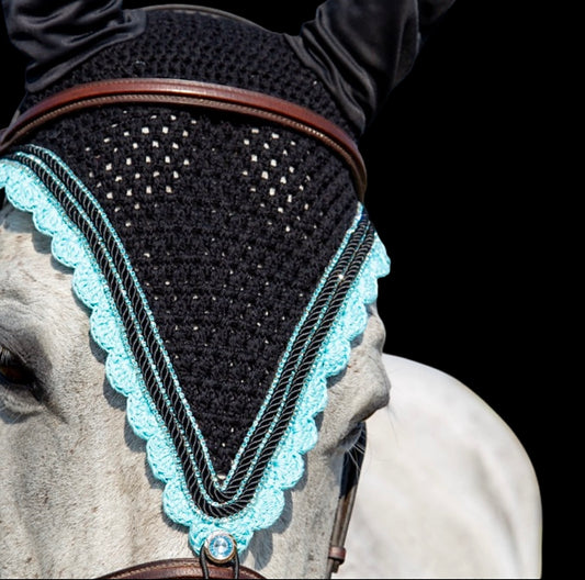 Tiedown Bonnets - Full - Black base/Aquamarine Scallops/3 Aquamarine Bling/2 Piping