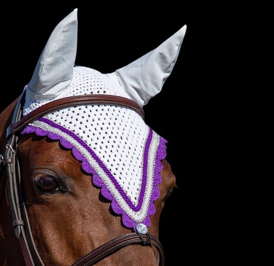 Tiedown Bonnets - Cob - White Base/Purple Scallops/3 Clear Bling/2 Piping