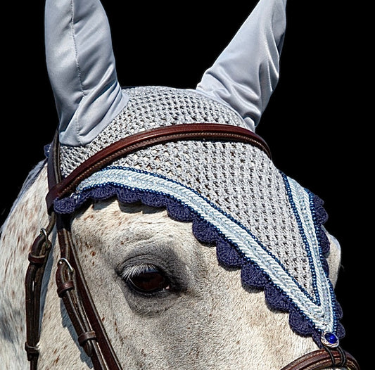 Tiedown Bonnets - Full - Grey Base/Navy Scallops/2 Navy Crystals/1 Grey Crystals/2 Piping