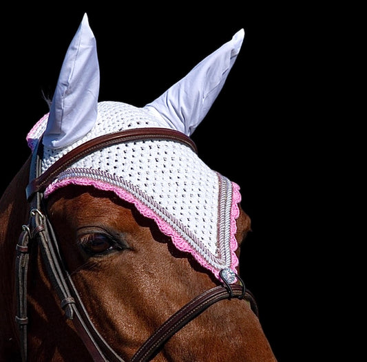 Tiedown Bonnets - Cob - White Base/Pink Scallops/2 Pink Bling/1 Clear Bling/2 Piping