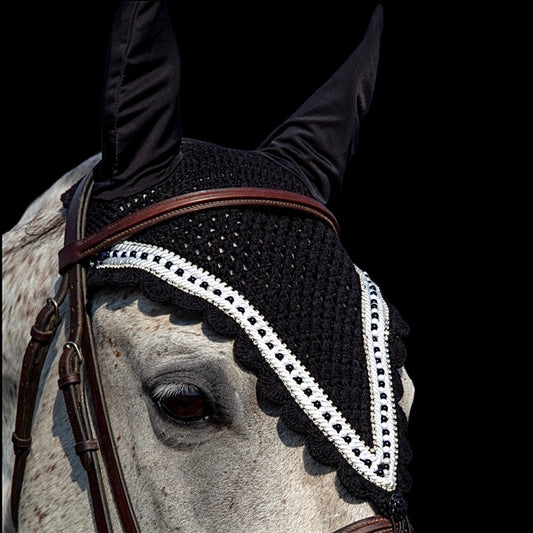 Tiedown Bonnets - Full - Black Base/Black Scallops/1 Black & White Pearls/2 Clear Bling/2 White Piping