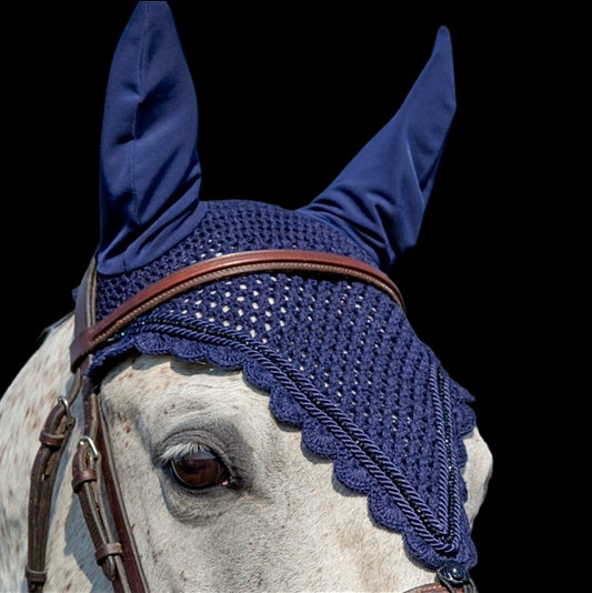 Tiedown Bonnets - Full - Navy Base/Navy Scallops/1 Black Crystal/2 Piping