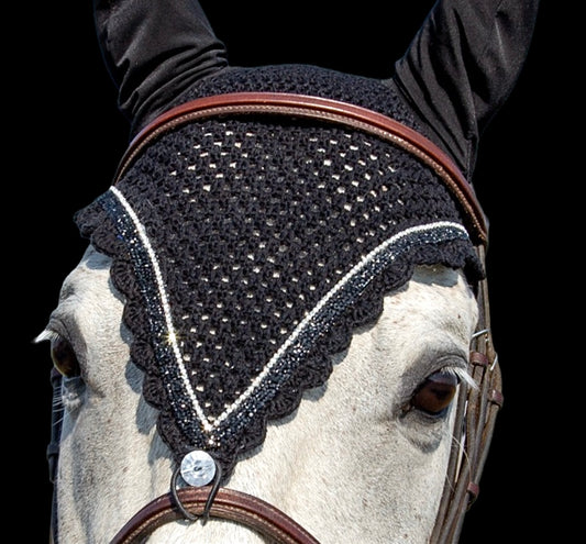 Tiedown Bonnets - Full - Black Base/Black Scallops/1 Clear Bling/ 1 Black Crystal Ribbon